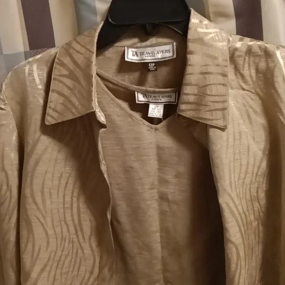 NWT TRAVIS AYERS 70% silk 30% linen 3-pc pantsuit w tiger striped jacket Sz 12P